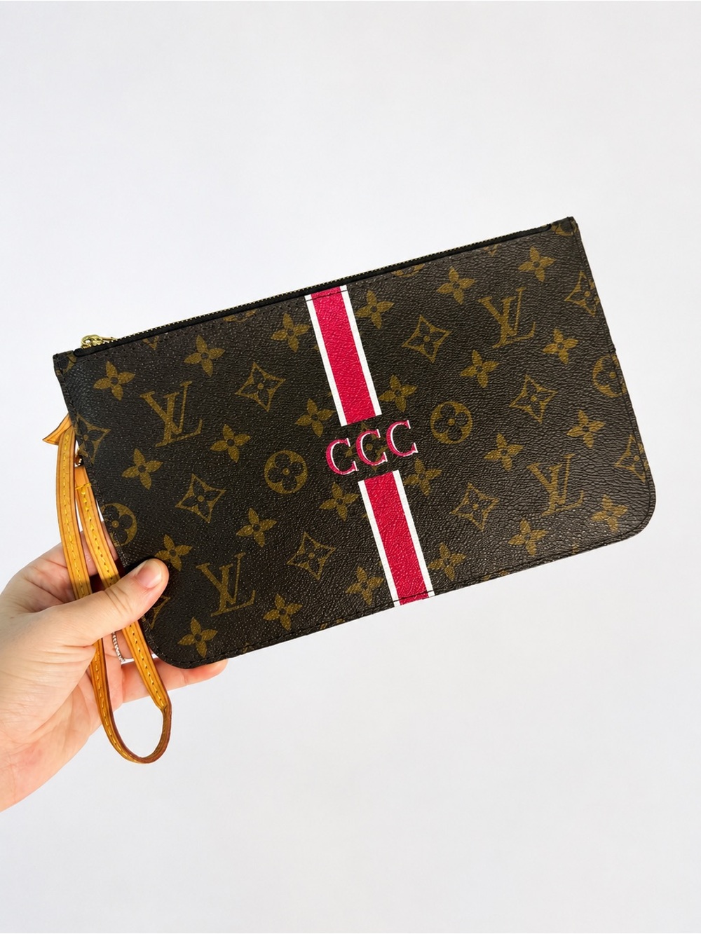 Louis Vuitton Monogram Wristlet Pouch with Pink and White Center Stripe